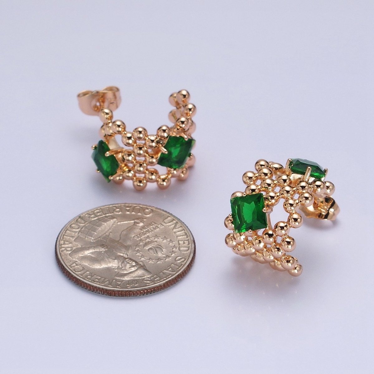 18K Gold Filled Purple, Clear, Green, Pink Square CZ Round Beaded Bubble C-Shaped Hoop Earrings | AD1401 - AD1404 - DLUXCA