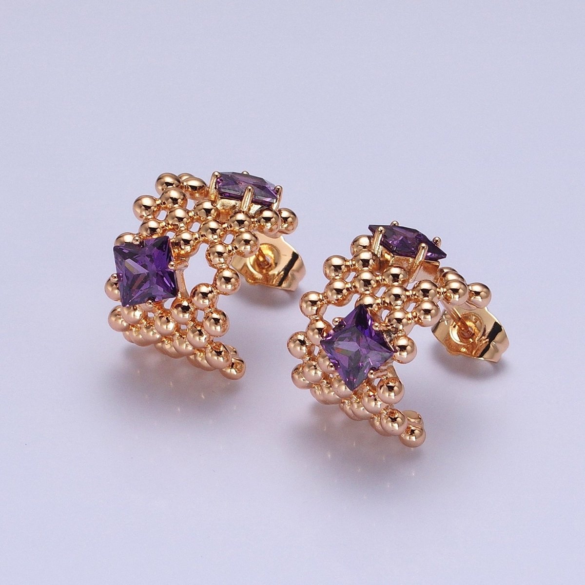 18K Gold Filled Purple, Clear, Green, Pink Square CZ Round Beaded Bubble C-Shaped Hoop Earrings | AD1401 - AD1404 - DLUXCA