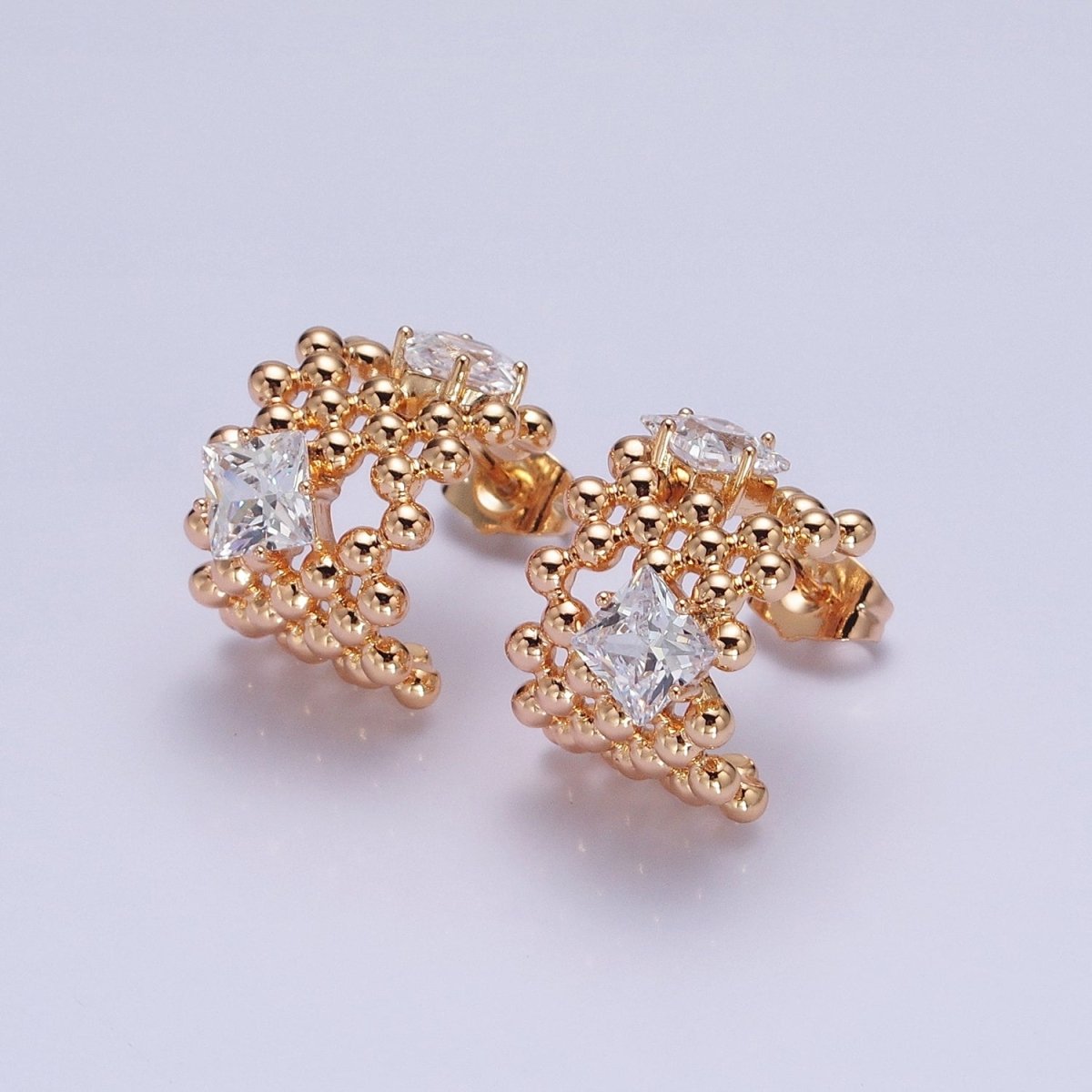 18K Gold Filled Purple, Clear, Green, Pink Square CZ Round Beaded Bubble C-Shaped Hoop Earrings | AD1401 - AD1404 - DLUXCA