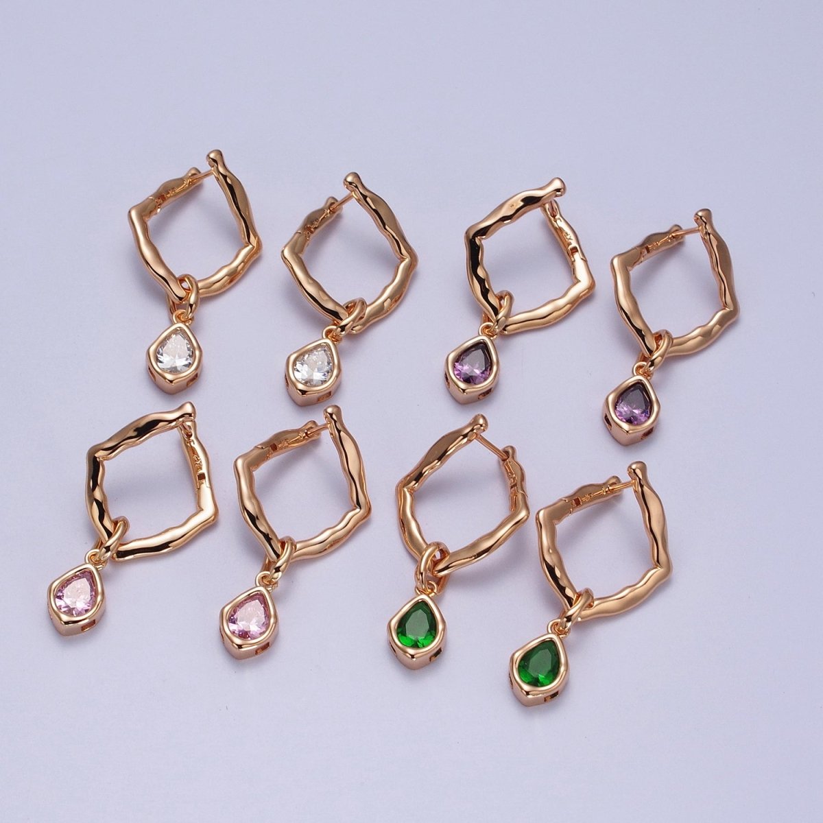 18K Gold Filled Purple, Clear, Green, Pink Teardrop CZ Rhombus Dangle Earrings | V-009 - V-011, Y-284 - DLUXCA