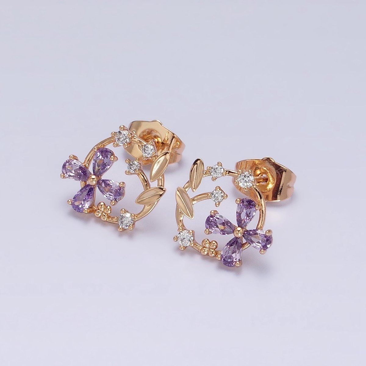 18K Gold Filled Purple, Pink CZ Flower Garden Open Round Stud Earrings | AD1319 AD1320 - DLUXCA