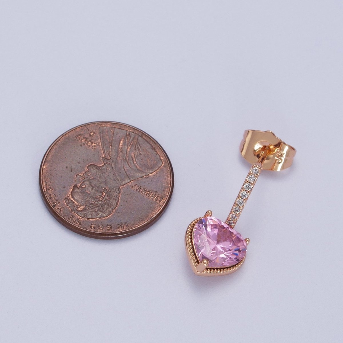 18K Gold Filled Purple, Pink Heart CZ Drop Micro Paved Bar Stud Earrings | V-001 V-002 - DLUXCA