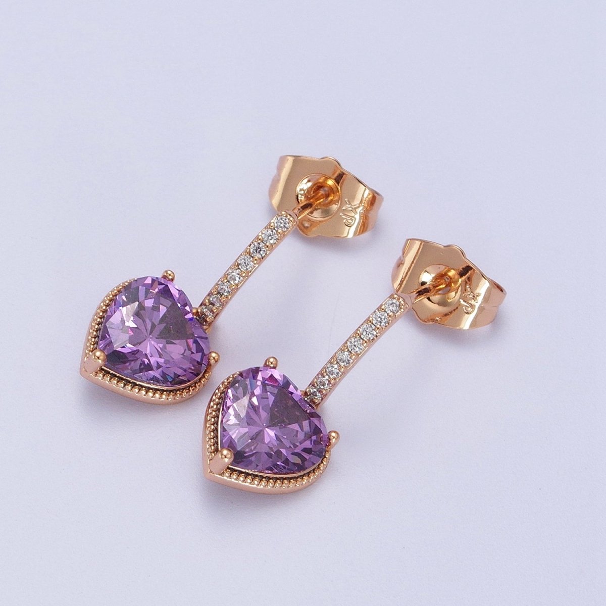 18K Gold Filled Purple, Pink Heart CZ Drop Micro Paved Bar Stud Earrings | V-001 V-002 - DLUXCA