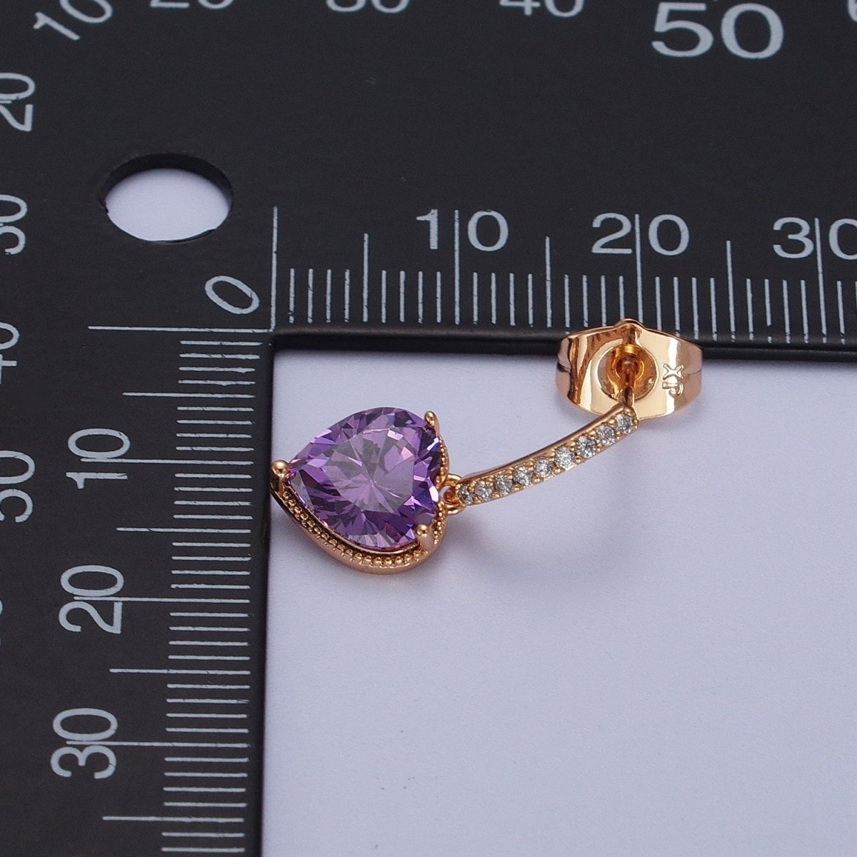 18K Gold Filled Purple, Pink Heart CZ Drop Micro Paved Bar Stud Earrings | V-001 V-002 - DLUXCA