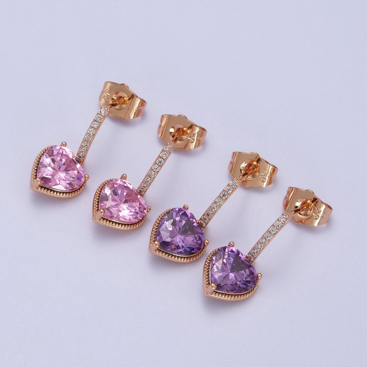 18K Gold Filled Purple, Pink Heart CZ Drop Micro Paved Bar Stud Earrings | V-001 V-002 - DLUXCA