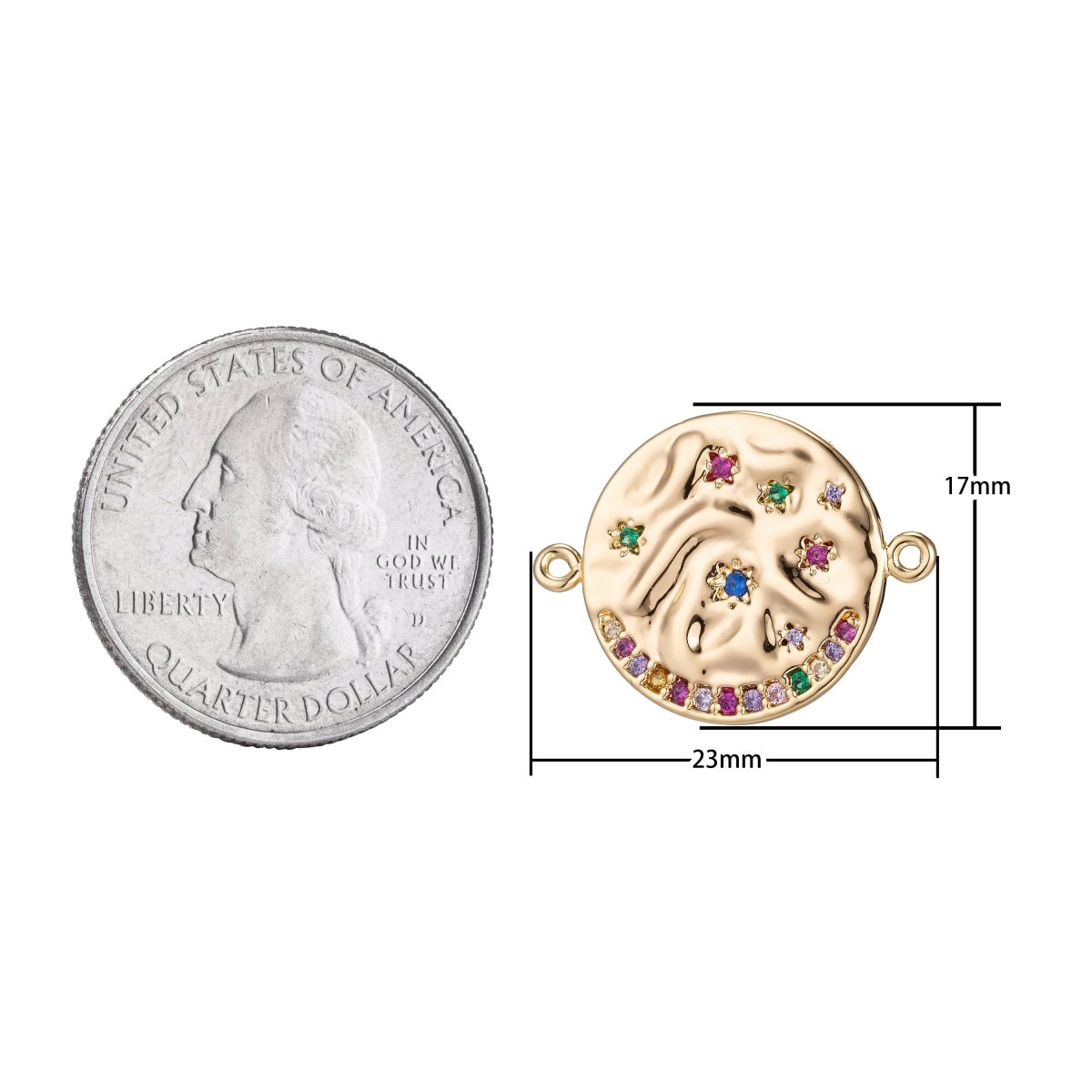 18K Gold Filled Rainbow Stone Coin Bracelet Connector Charm Pendant for Necklace Golden Medallion Cubic Zirconia Findings Jewelry Making F-217 - DLUXCA