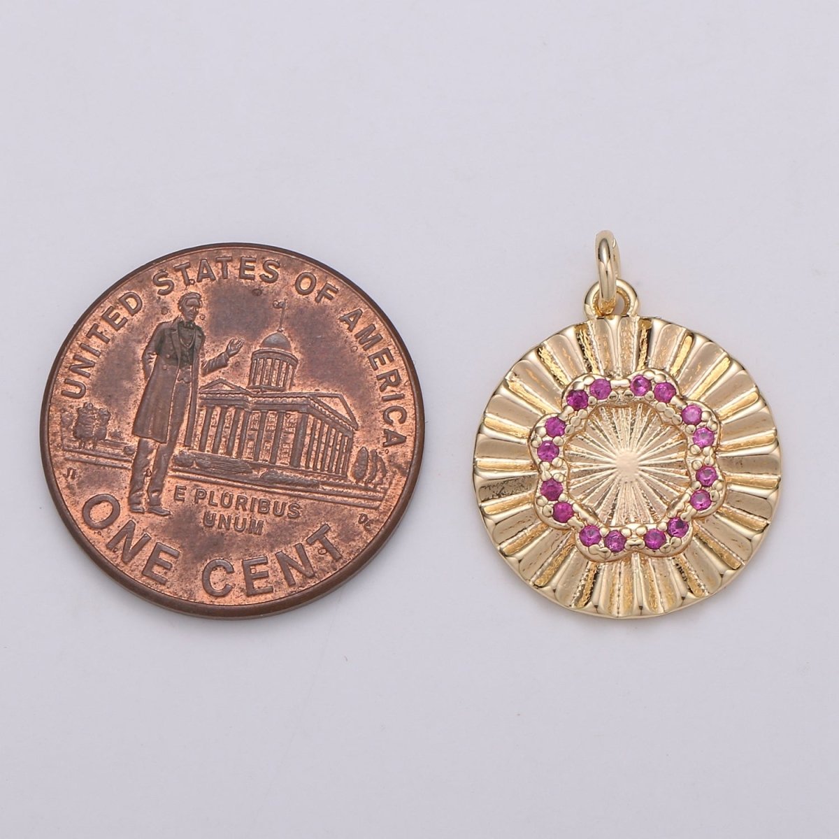 18k Gold Filled Round Circle CZ Pave Cubic Zirconia Disc Charm Coin Medallion 15mm with Blue Pink Cz Stone D-875 - DLUXCA