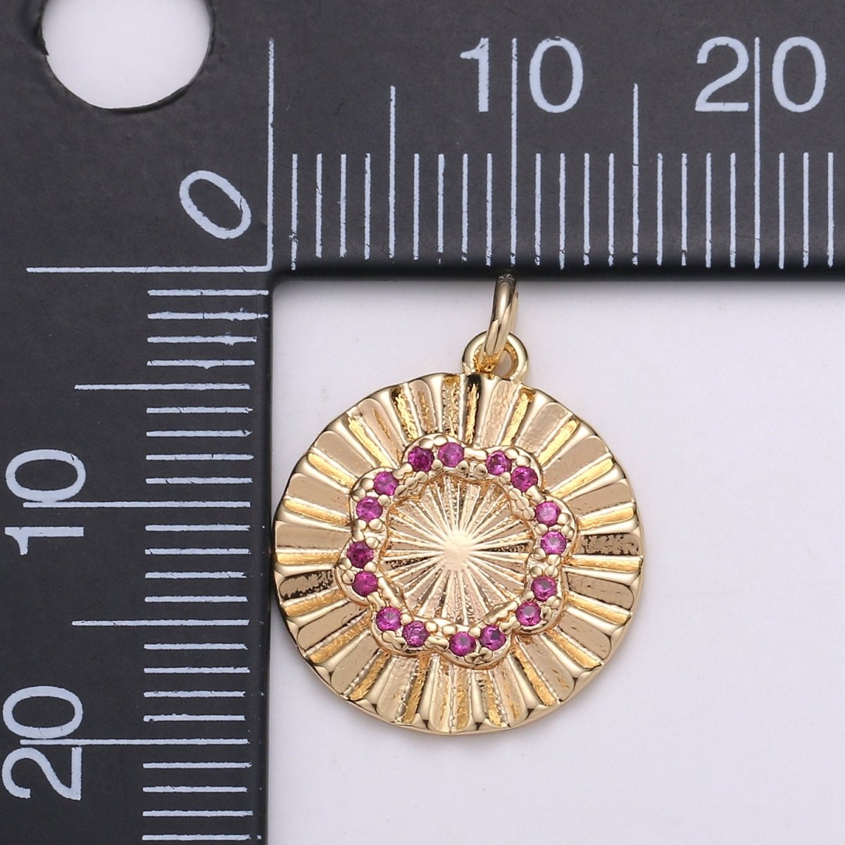 18k Gold Filled Round Circle CZ Pave Cubic Zirconia Disc Charm Coin Medallion 15mm with Blue Pink Cz Stone D-876 - DLUXCA