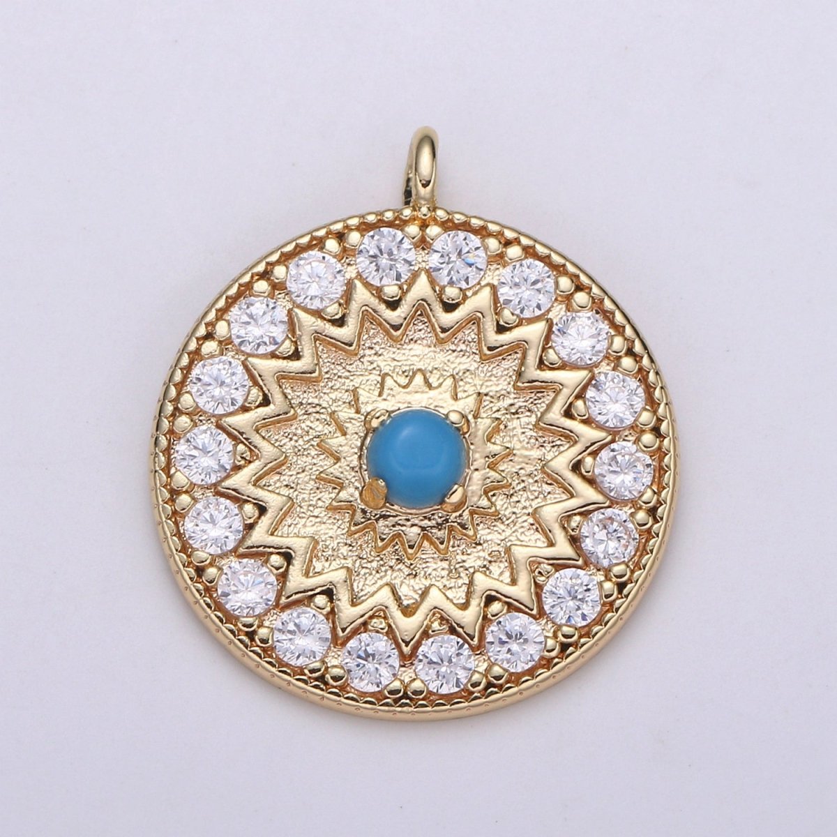 18k Gold Filled Round Micro Pave Charm Turquoise Pendant, MoonStone charms for Medallion necklace Component Supply Jewelry Making E-142 E-143 - DLUXCA