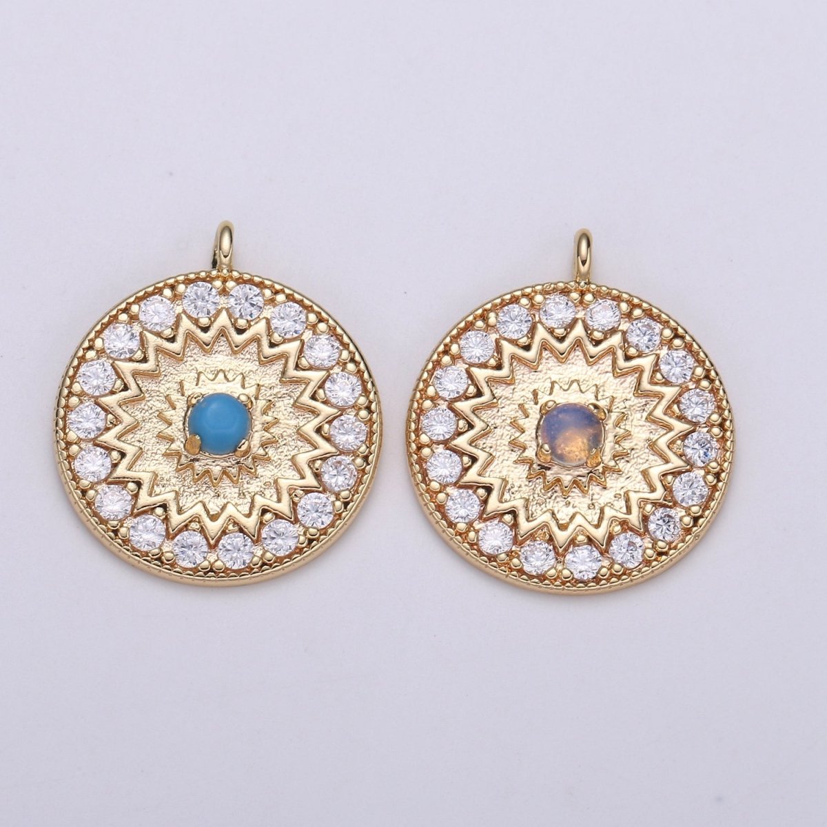 18k Gold Filled Round Micro Pave Charm Turquoise Pendant, MoonStone charms for Medallion necklace Component Supply Jewelry Making E-142 E-143 - DLUXCA