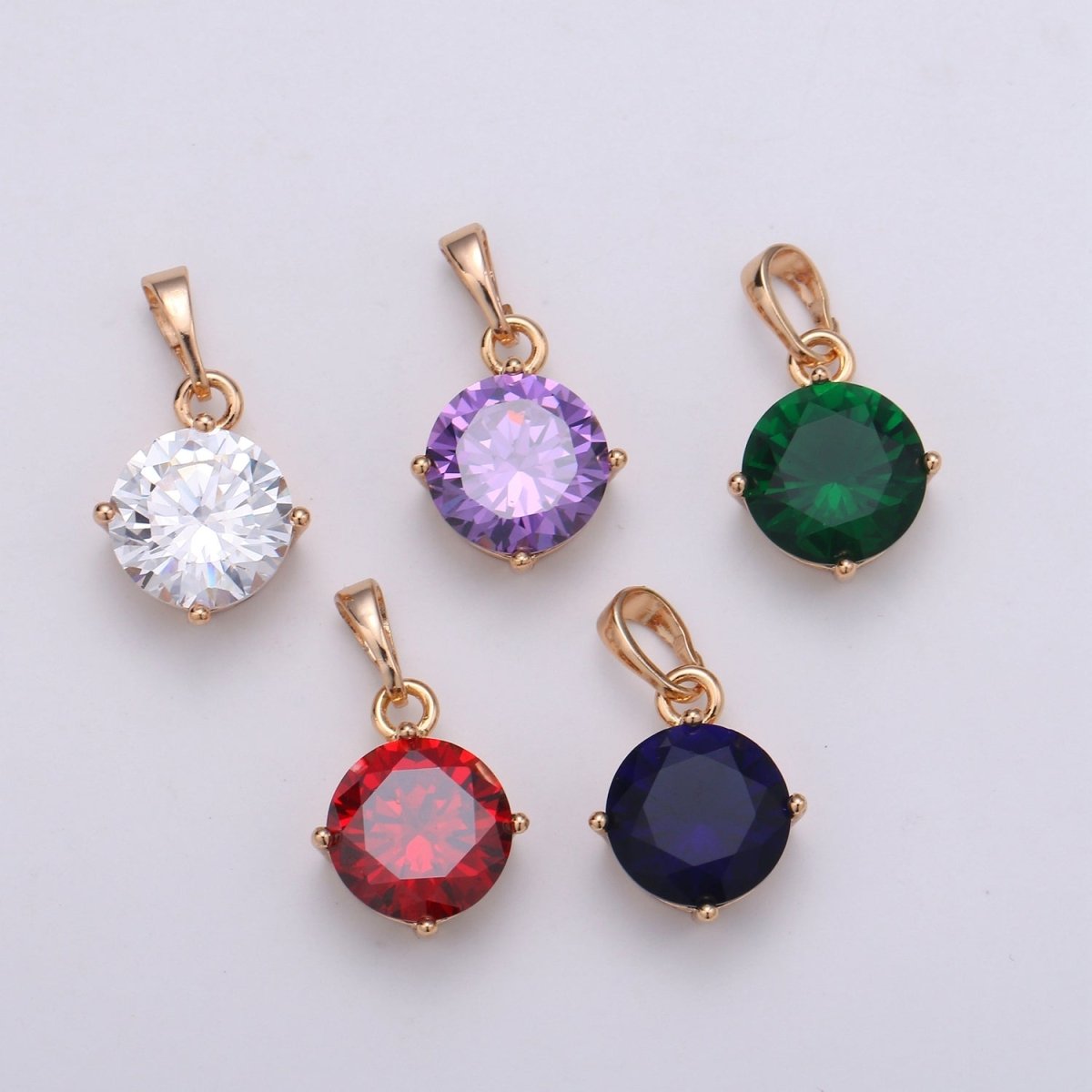 18k Gold Filled Solitaire Pendant Round Cut Charm for necklace Birthstone Clear Green Red Purple Cubic Zirconia Round Charm J-171~J-175 - DLUXCA