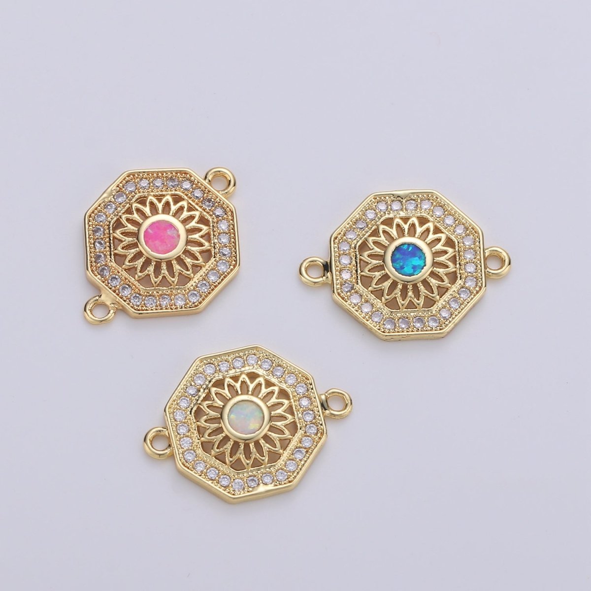 18K Gold Filled Sunflower w/ Octagon Protection Shield Cubic Zirconia Bracelet Charm Bead Finding Connector for Earring Jewelry Making F-473 F-474 - DLUXCA