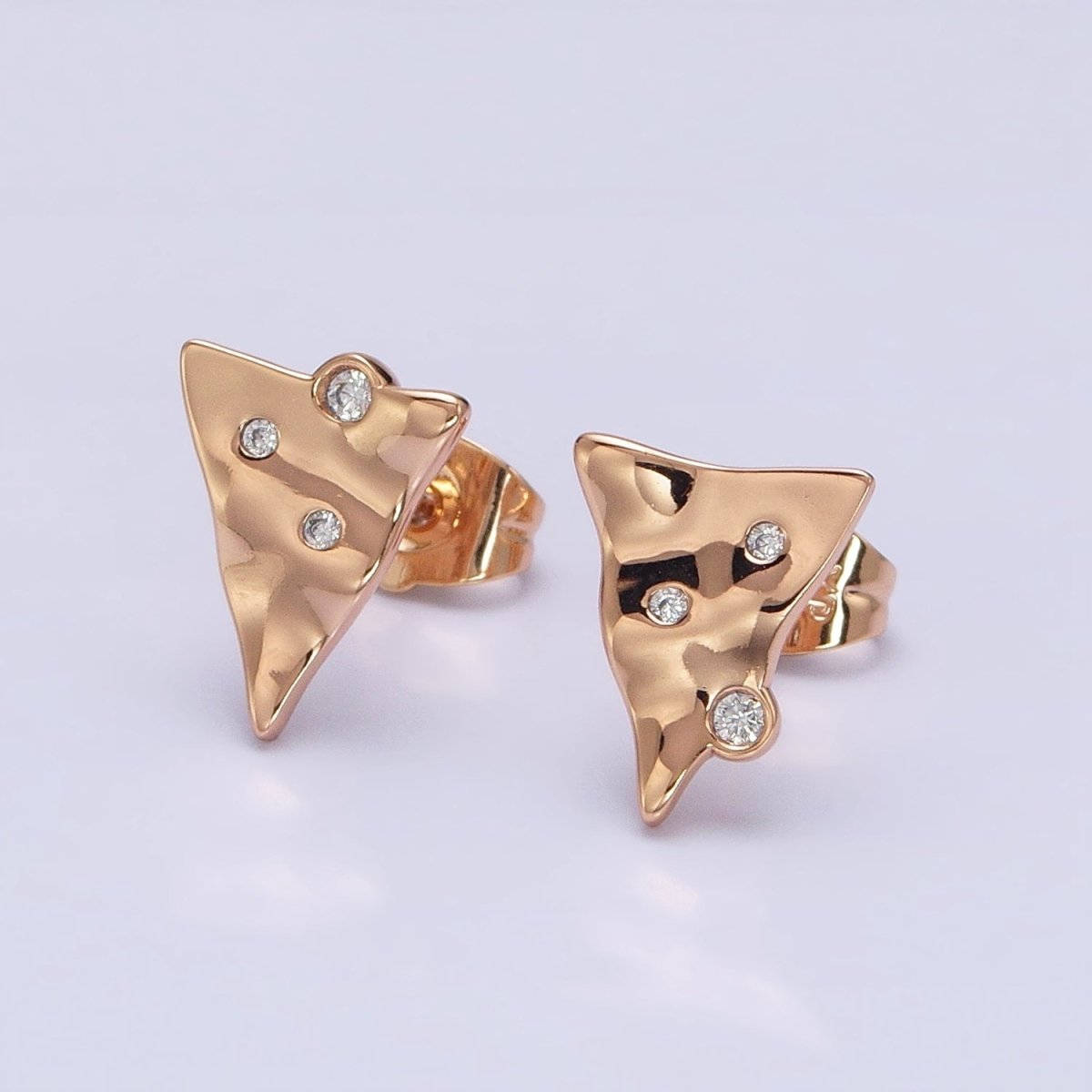 18K Gold Filled Triangle Hammered CZ Dotted Stud Earrings | AD1408 - DLUXCA