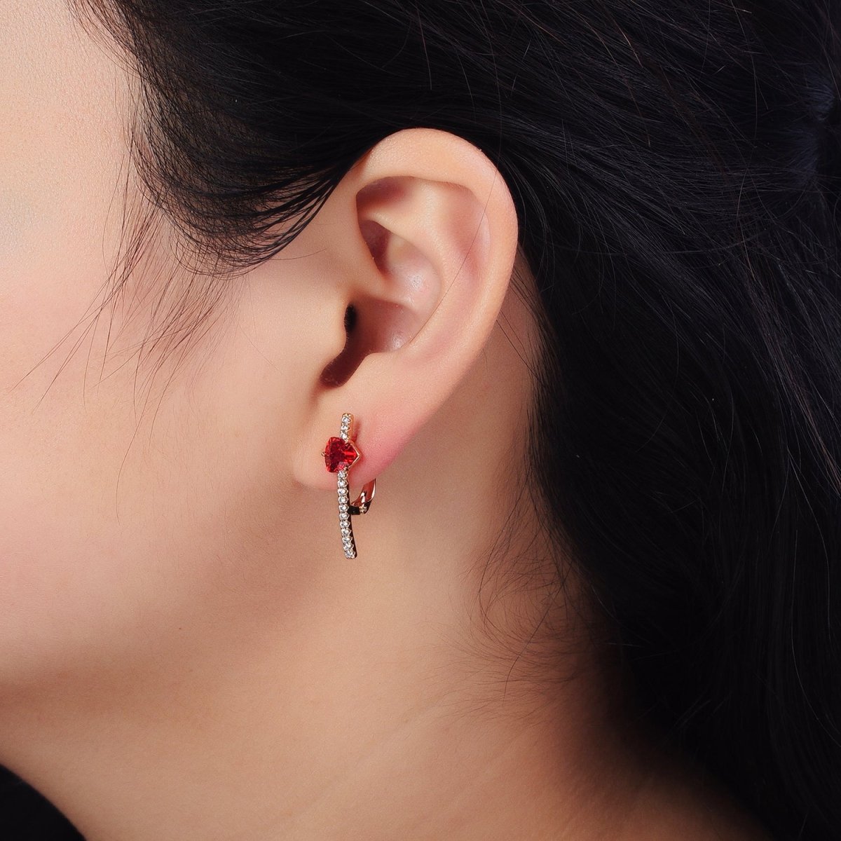 18K Gold Filled Triangle Iridescent AB, Purple, Blue, Red CZ Micro Paved Lined English Lock Earrings | AB236 AB27- AB249 - DLUXCA