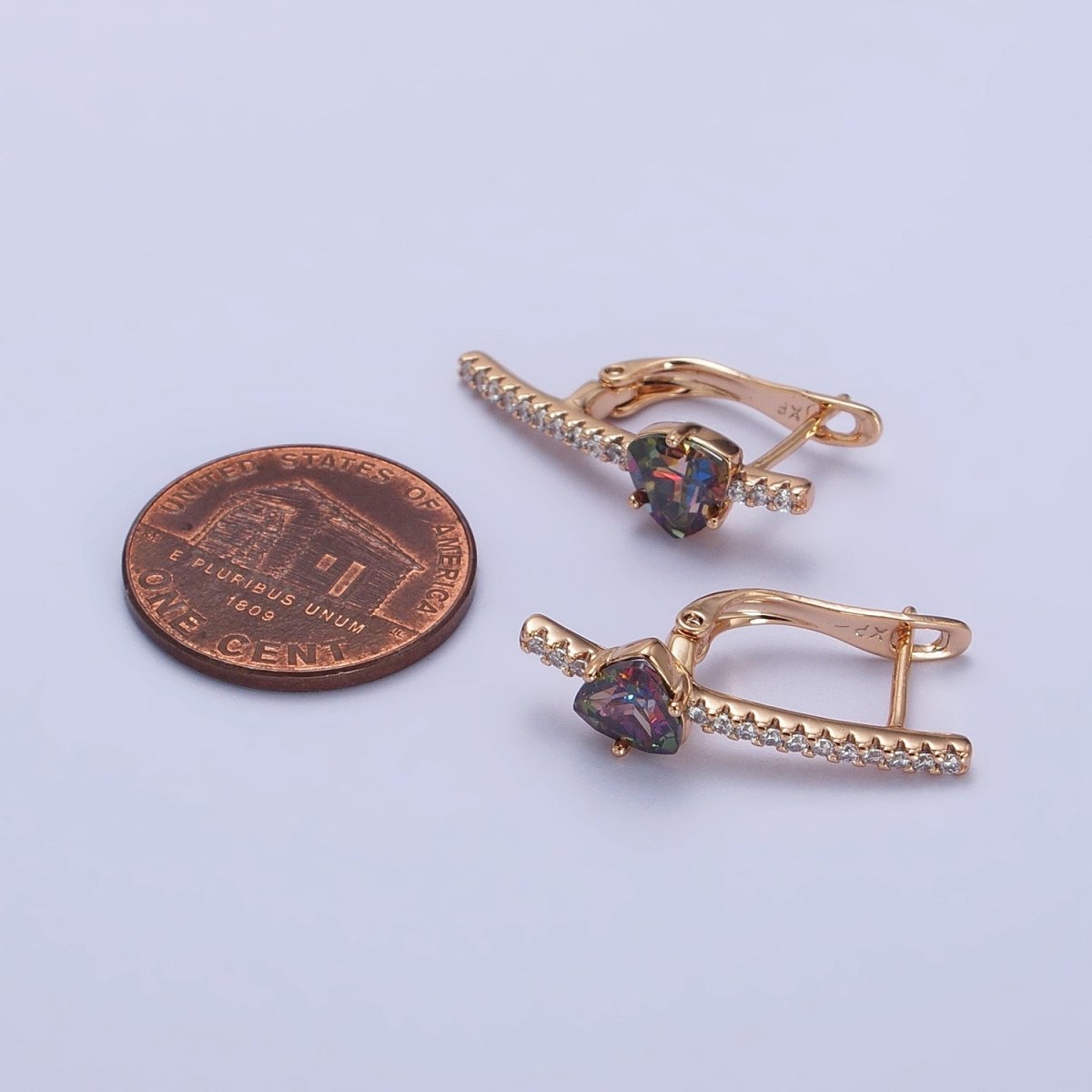 18K Gold Filled Triangle Iridescent AB, Purple, Blue, Red CZ Micro Paved Lined English Lock Earrings | AB236 AB27- AB249 - DLUXCA