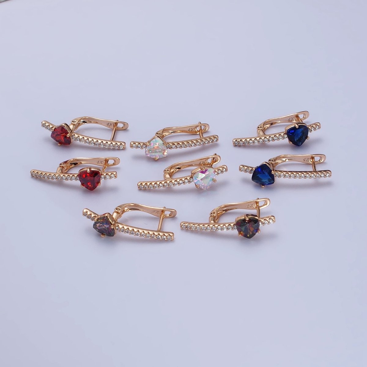 18K Gold Filled Triangle Iridescent AB, Purple, Blue, Red CZ Micro Paved Lined English Lock Earrings | AB236 AB27- AB249 - DLUXCA