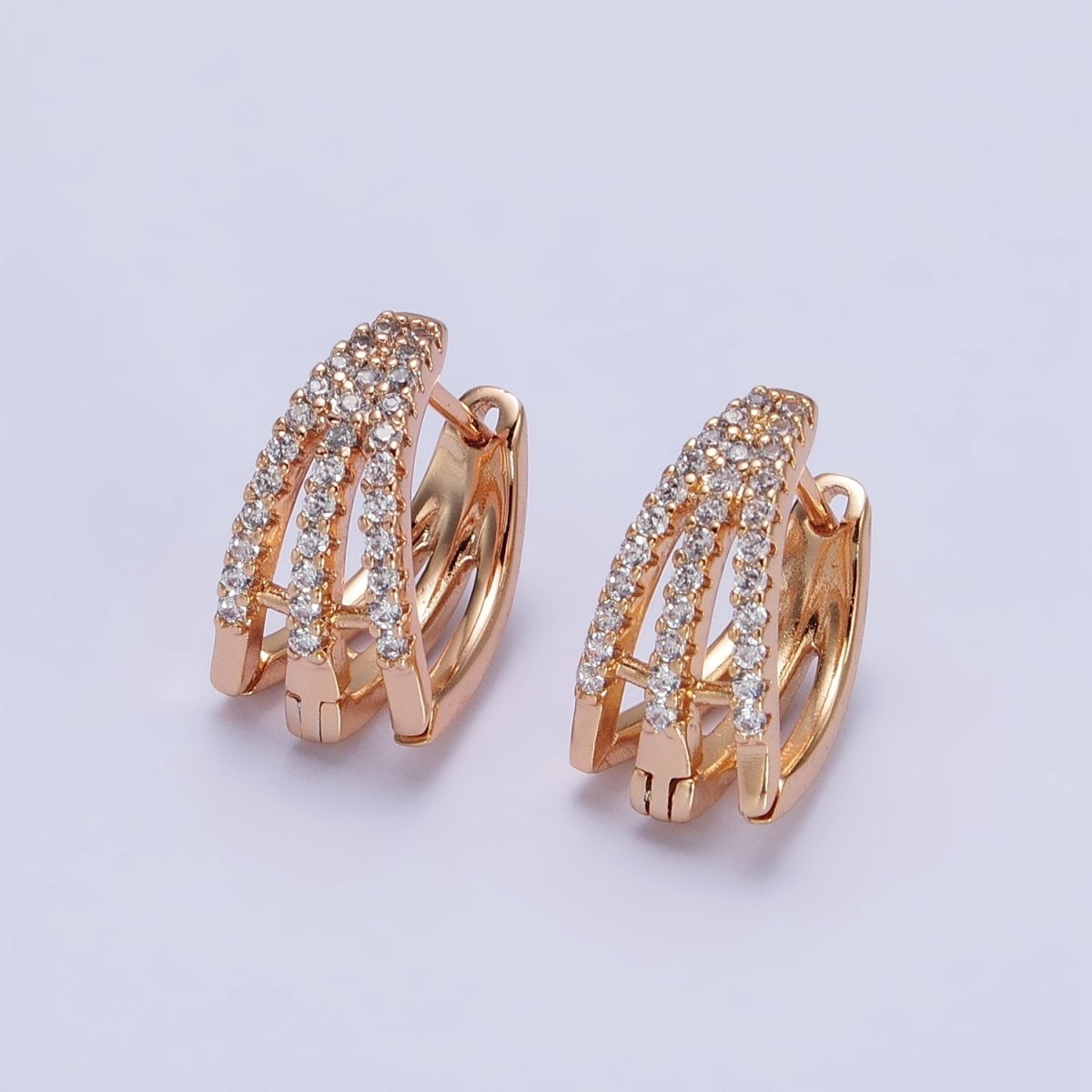 18K Gold Filled Triple Bar Micro Paved CZ Clawed English Lock Earrings | AB295 - DLUXCA