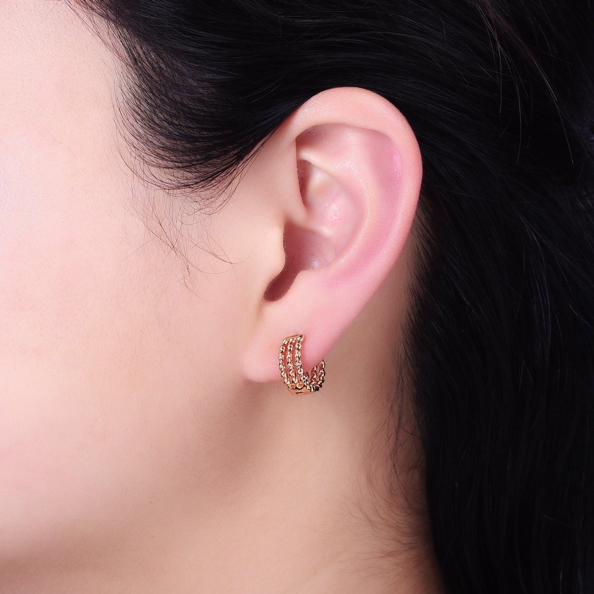 18K Gold Filled Triple Twist Croissant Band 13mm Huggie Hoop Earrings | AD1344 - DLUXCA