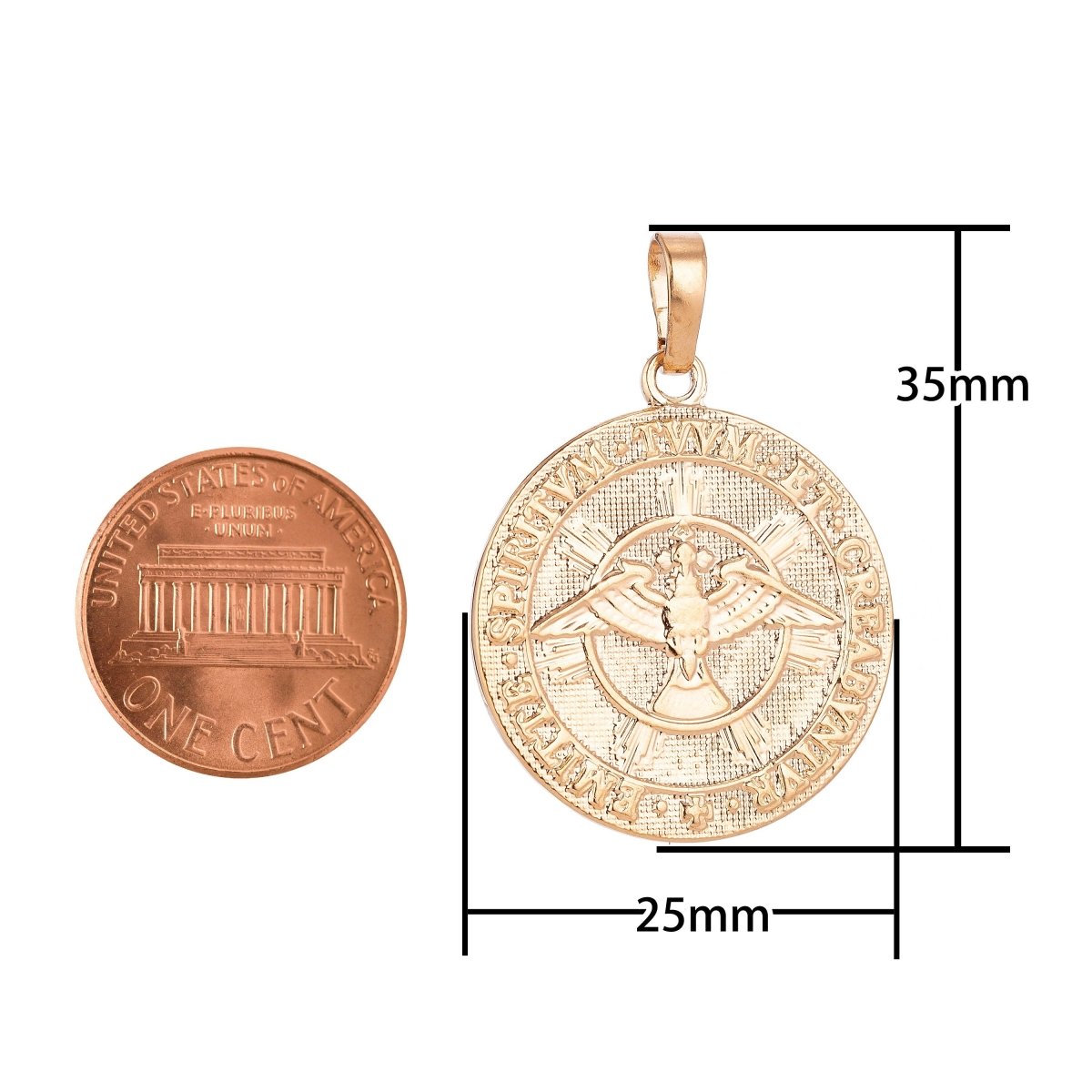 18K Gold Filled Vintage Holy Trinity Medal Dove Double Sided Coin Charm in Latin Trinitas Germany Religious Jewelry Collection for Layered necklace supply H-593 - DLUXCA
