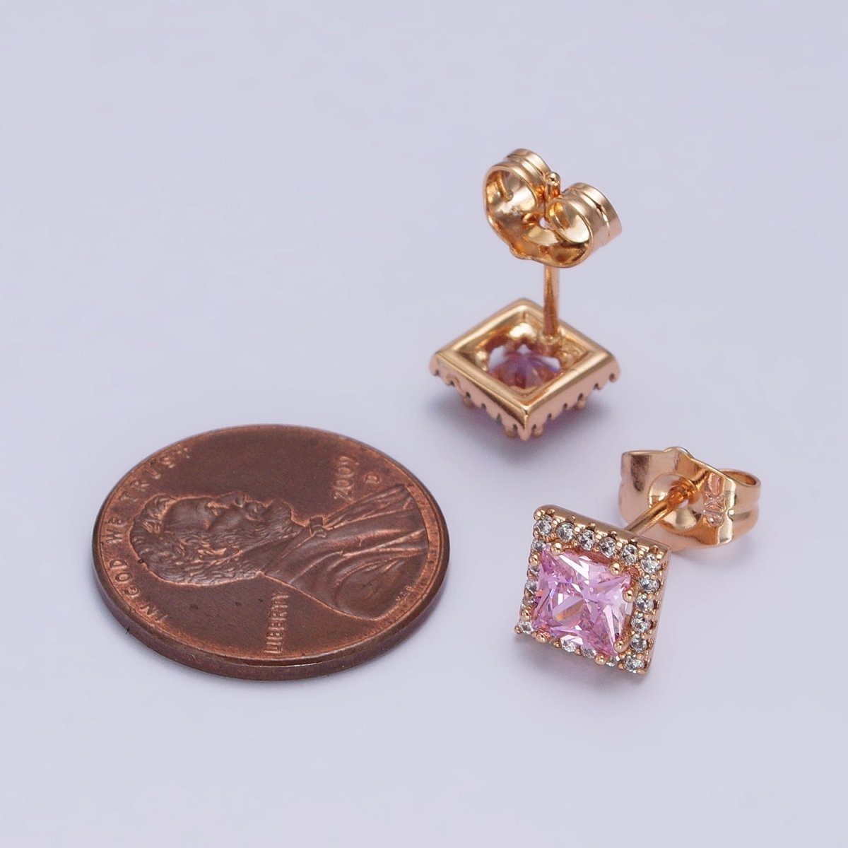 18K Gold Filled Wedding Earrings Rhombus Micro Pave Clear Pink cubic zirconia Studs Earrings AB1067 AB1068 - DLUXCA