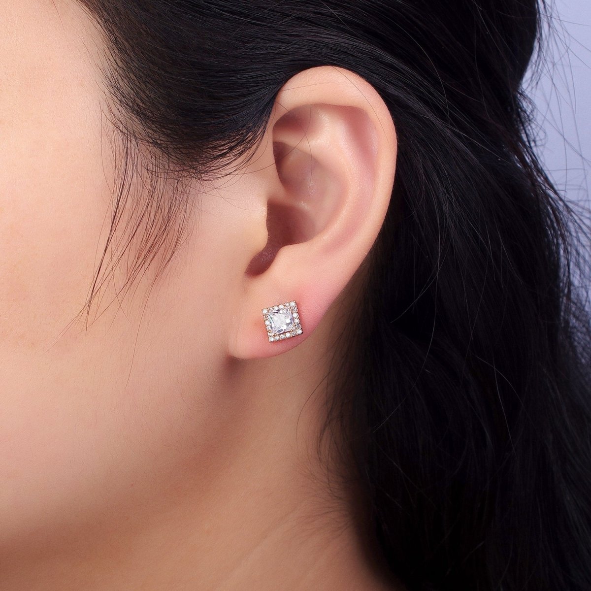 18K Gold Filled Wedding Earrings Rhombus Micro Pave Clear Pink cubic zirconia Studs Earrings AB1067 AB1068 - DLUXCA