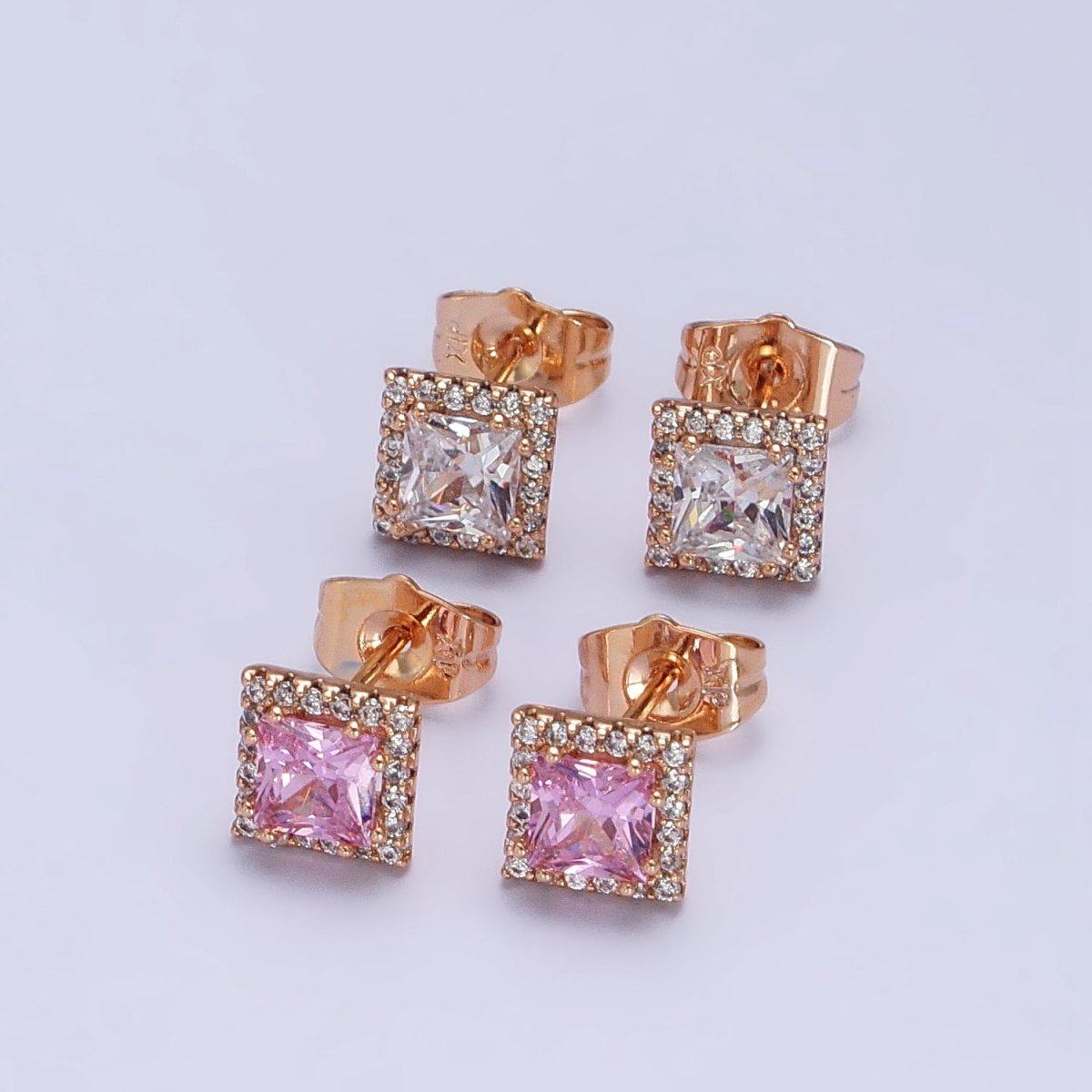 18K Gold Filled Wedding Earrings Rhombus Micro Pave Clear Pink cubic zirconia Studs Earrings AB1067 AB1068 - DLUXCA