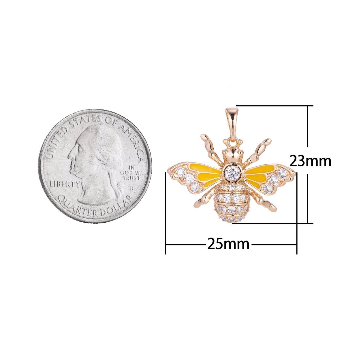 18K Gold Filled Yellow Bumblebee, Cute Dainty Queen Bee, Cubic Zirconia Necklace Pendant Charm Bails Findings for Jewelry Making Enamel Pendant N-550 - DLUXCA
