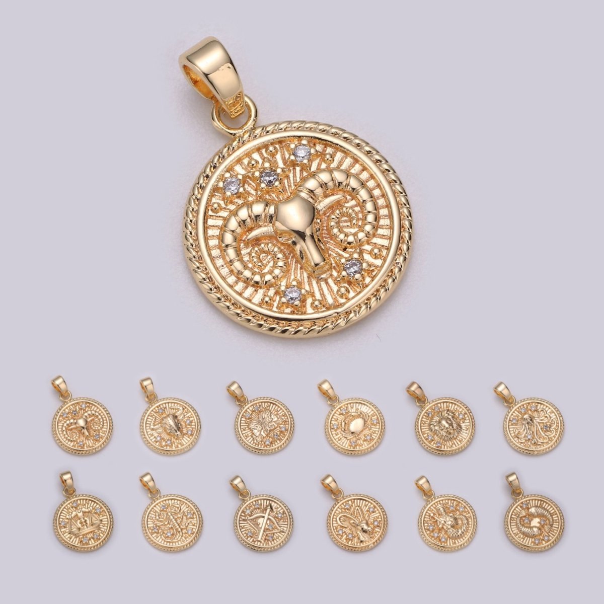18K Gold Filled Zodiac Horoscope Sign Constellation Medallion Pendant Charm Textured Coin Decorative Edge for Necklace Jewelry Making | A-417-A-428 - DLUXCA