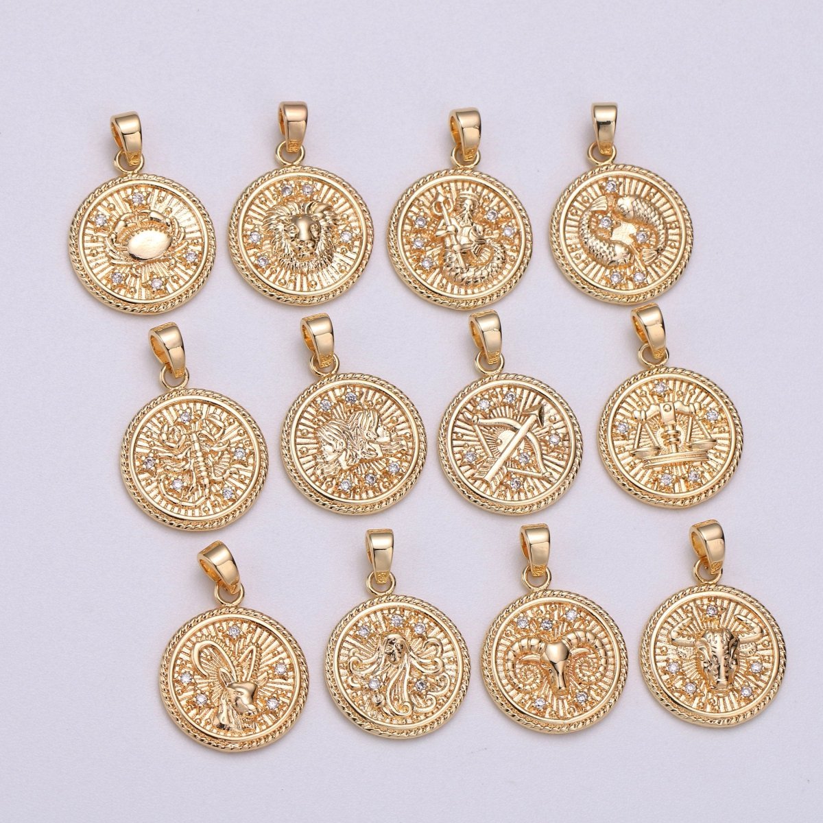 18K Gold Filled Zodiac Horoscope Sign Constellation Medallion Pendant Charm Textured Coin Decorative Edge for Necklace Jewelry Making | A-417-A-428 - DLUXCA