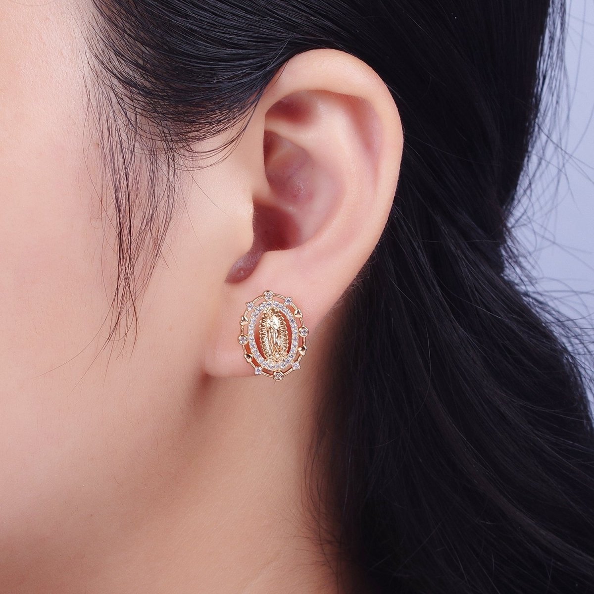 18K Gold Heart Round Micro Paved CZ Lady Guadalupe Virgin Mary Religious Stud Earrings | AE1052 - DLUXCA