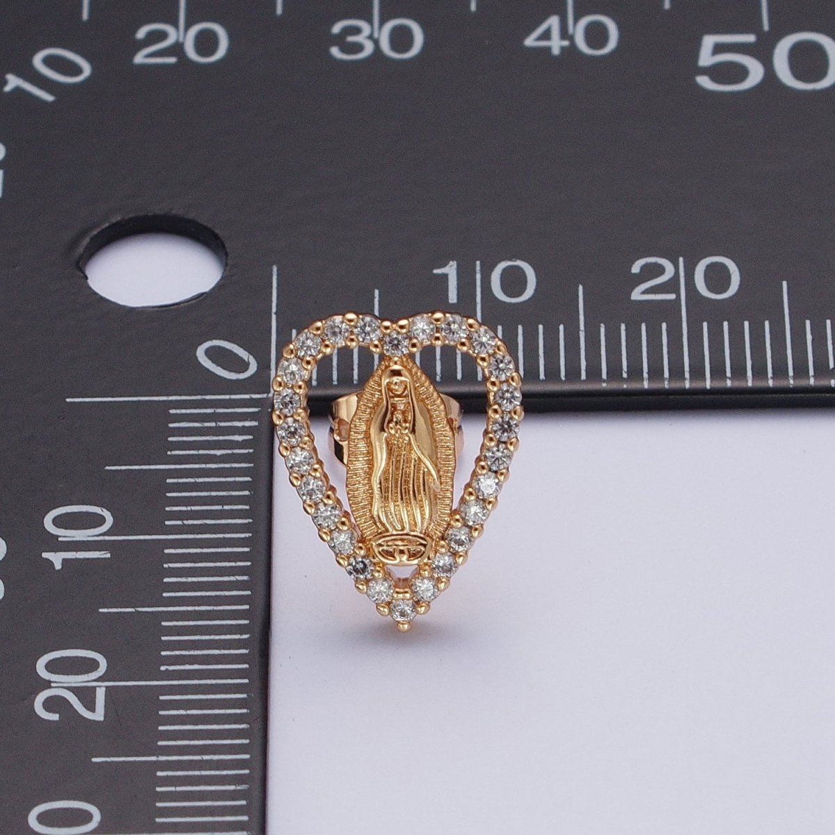 18K Gold Micro Paved Heart Outline Mother Virgin Mary Religious Stud Earrings | AE-1048 - DLUXCA