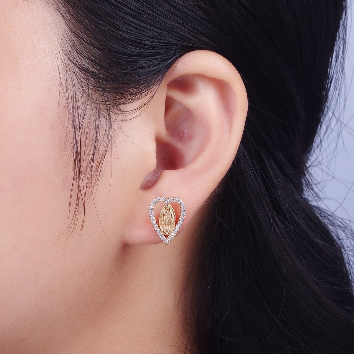 18K Gold Micro Paved Heart Outline Mother Virgin Mary Religious Stud Earrings | AE-1048 - DLUXCA