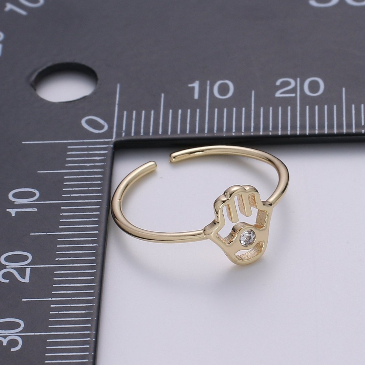18K Gold Plated Hamsa Hand Ring, Gold Open Adjustable Ring Minimalist Jewelry Everyday Wear O-337 - DLUXCA