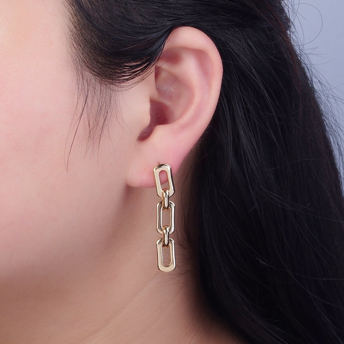 18K Gold Plated Shiny Paper Clip Link Chain Post Dangle Drop Earrings NEW Modern Trendy V-390 - DLUXCA
