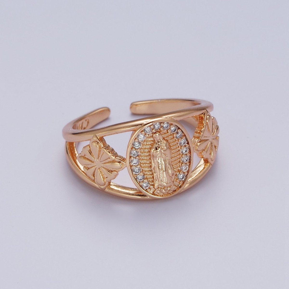 18K Gold Religious Micro Paved CZ Mother Virgin Mary Flowers Wide Ring | O-1993 - DLUXCA