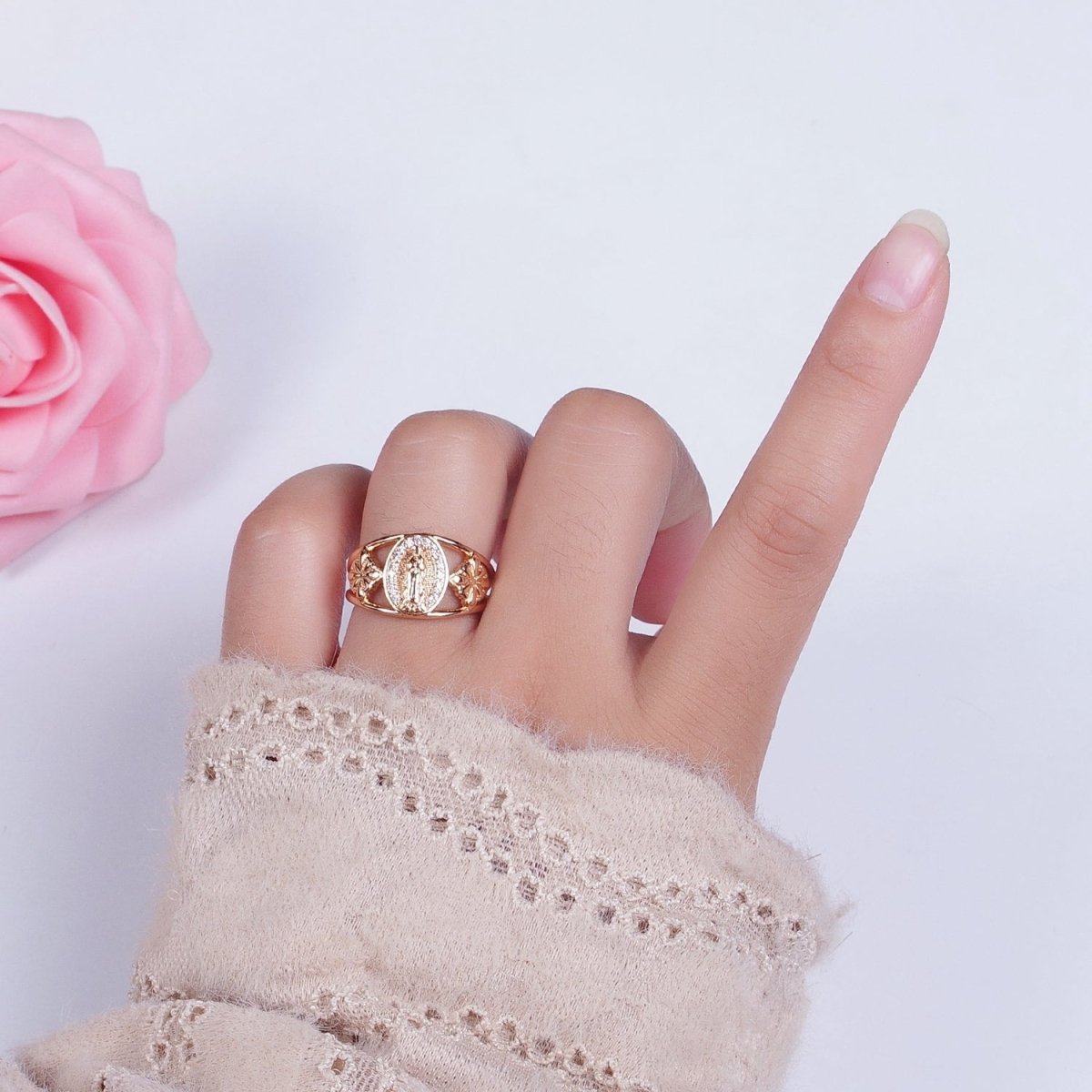 18K Gold Religious Micro Paved CZ Mother Virgin Mary Flowers Wide Ring | O-1993 - DLUXCA