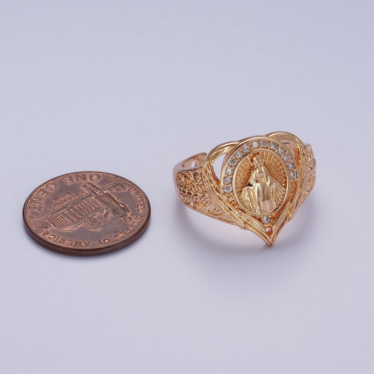 18K Gold Round Micro Paved CZ Lady Guadalupe Engraved Band Heart Ring | O-1992 - DLUXCA