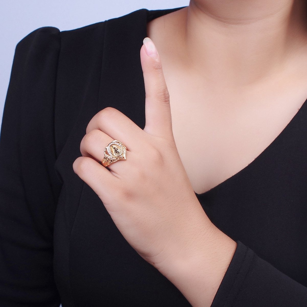 18K Gold Round Micro Paved CZ Lady Guadalupe Engraved Band Heart Ring | O-1992 - DLUXCA