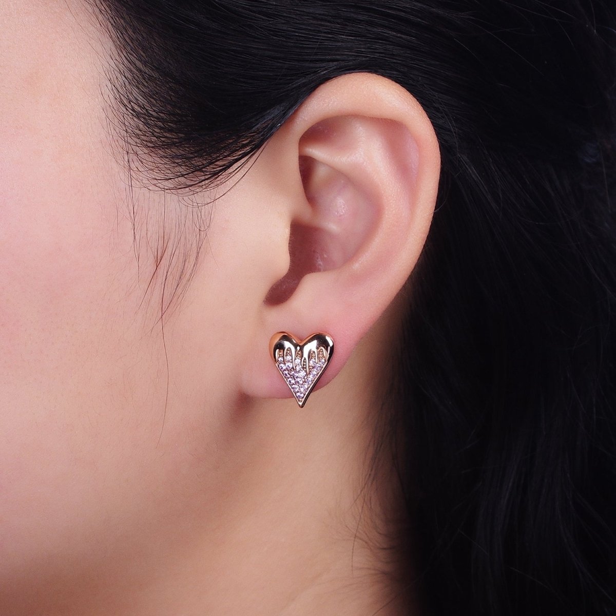 18K Heart Micro Paved CZ Molten Drip Stud Earrings | AB1409 - DLUXCA