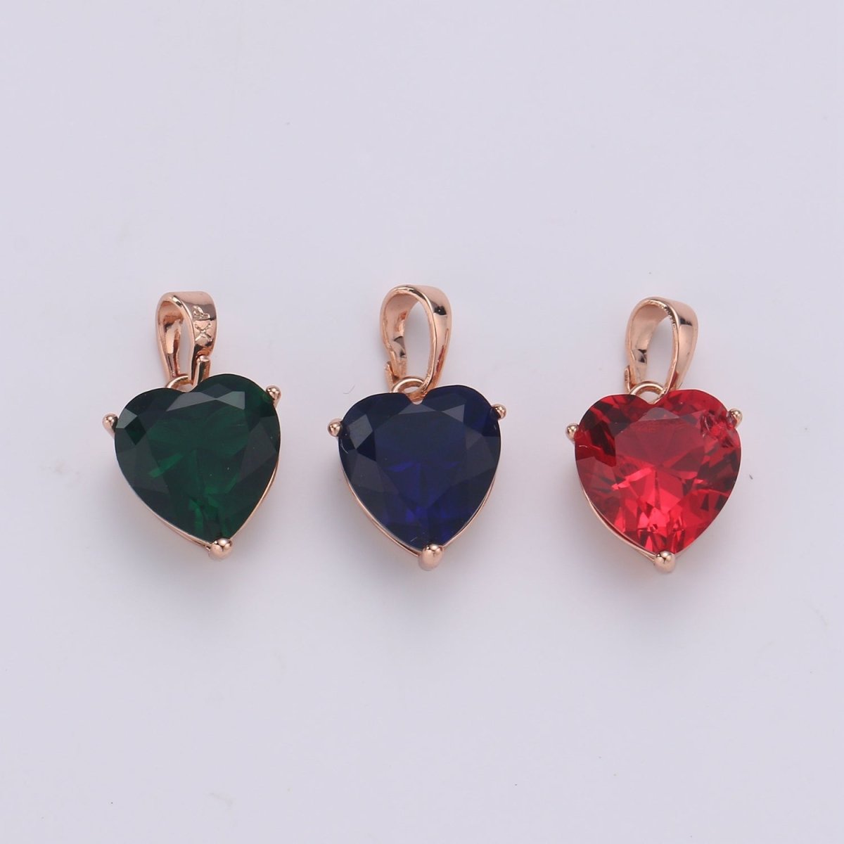 18x10mm Wholesale Cubic Zirconia Heart Gem Pendant with 18K Gold-Filled Rose Gold Frame, Blue, Green, Red, or Pink Options, Pendant for Necklace Bracelet Anklet Making J-163~J-166 - DLUXCA