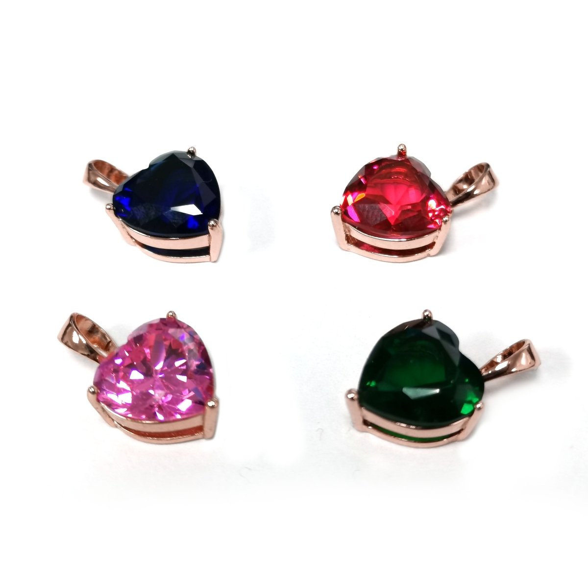 18x10mm Wholesale Cubic Zirconia Heart Gem Pendant with 18K Gold-Filled Rose Gold Frame, Blue, Green, Red, or Pink Options, Pendant for Necklace Bracelet Anklet Making J-163~J-166 - DLUXCA