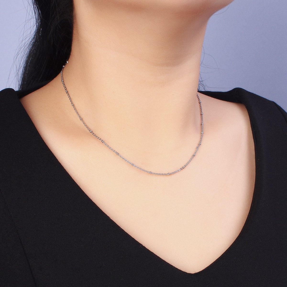 1mm Beaded Satellite Chain Silver Satellite Necklace Dainty Simple Everyday 16.5 Inch Layering Necklace for Minimalist Jewelry | WA-1594 Clearance Pricing - DLUXCA