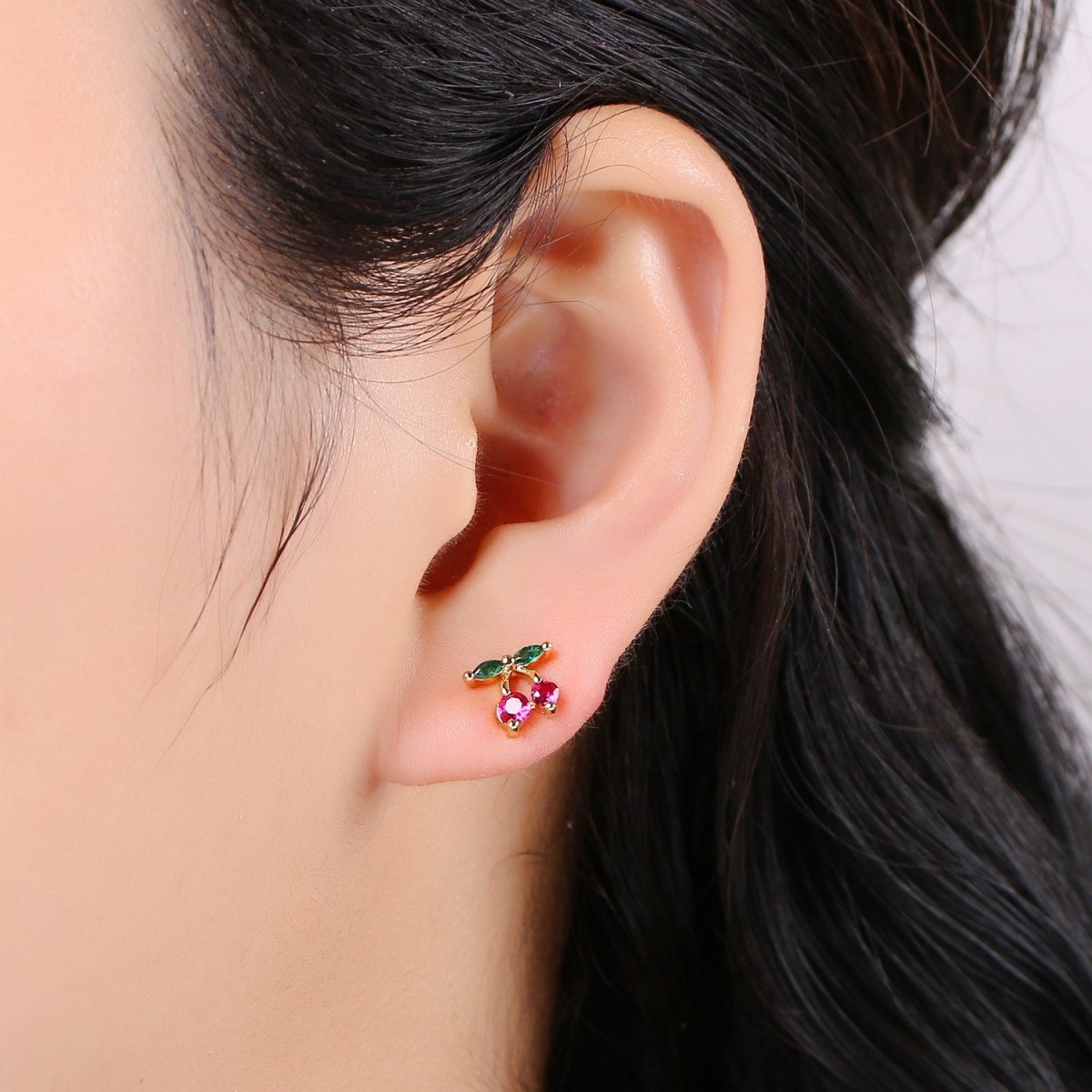 1pair Purple Crystal Cherry Fruits Studs Earrings CZ Floral Color Fruit Casual Daily Wear Earring Jewelry Q-393 - DLUXCA