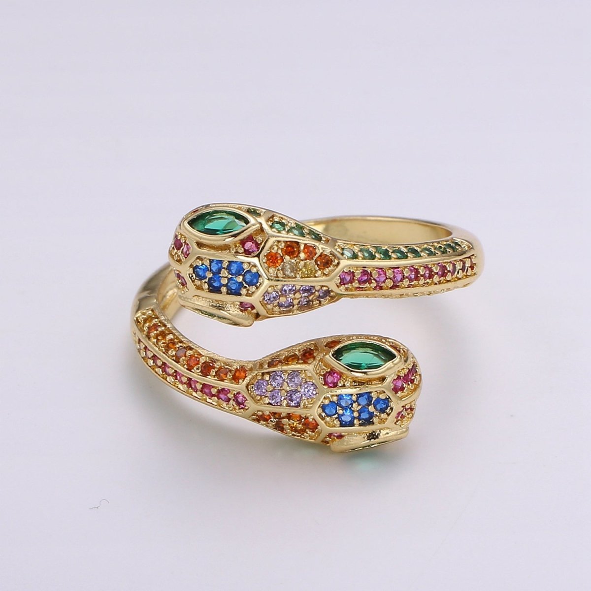 1pc 24k Gold CZ Pave Double Head Snake Ring, Adjustable Gold Snake Ring, Two Heads Serpent Animal Ring, Multi color Stone DIY Jewelry R313 - DLUXCA