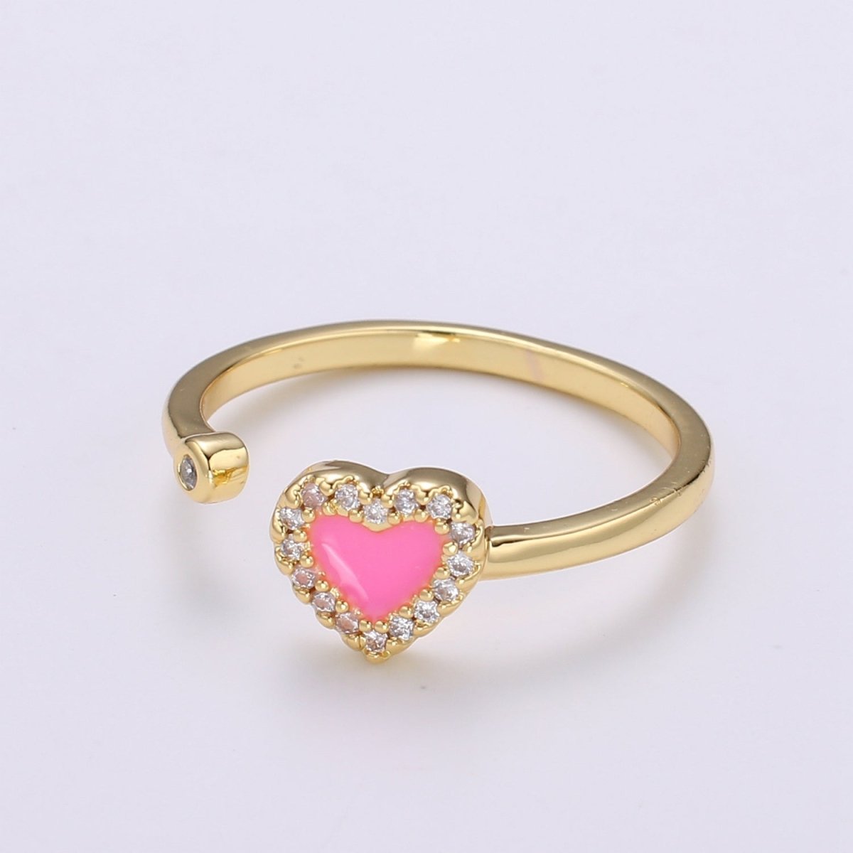 1pc 24K Gold Enamel Cubic Heart Ring, Pink Epoxy Love CZ Pendant Charm, Solitaire Cubic Zirconia Design Band For DIY Jewelry R-317,R-318 - DLUXCA