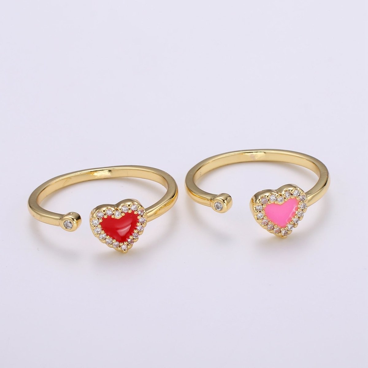 1pc 24K Gold Enamel Cubic Heart Ring, Pink Epoxy Love CZ Pendant Charm, Solitaire Cubic Zirconia Design Band For DIY Jewelry R-317,R-318 - DLUXCA