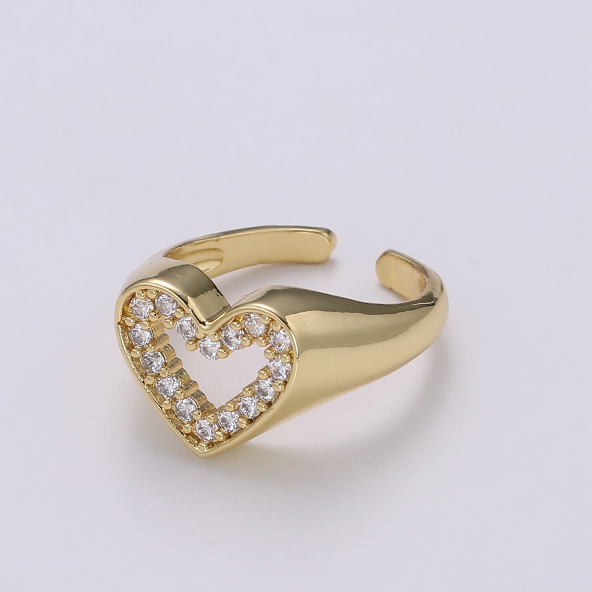 1pc Clear CZ Love 24K Gold Ring, Heart Cubic Adjustable Gold Curb Ring, Signet Ring, Clear Cubic Zirconia Ring,R-461 - DLUXCA