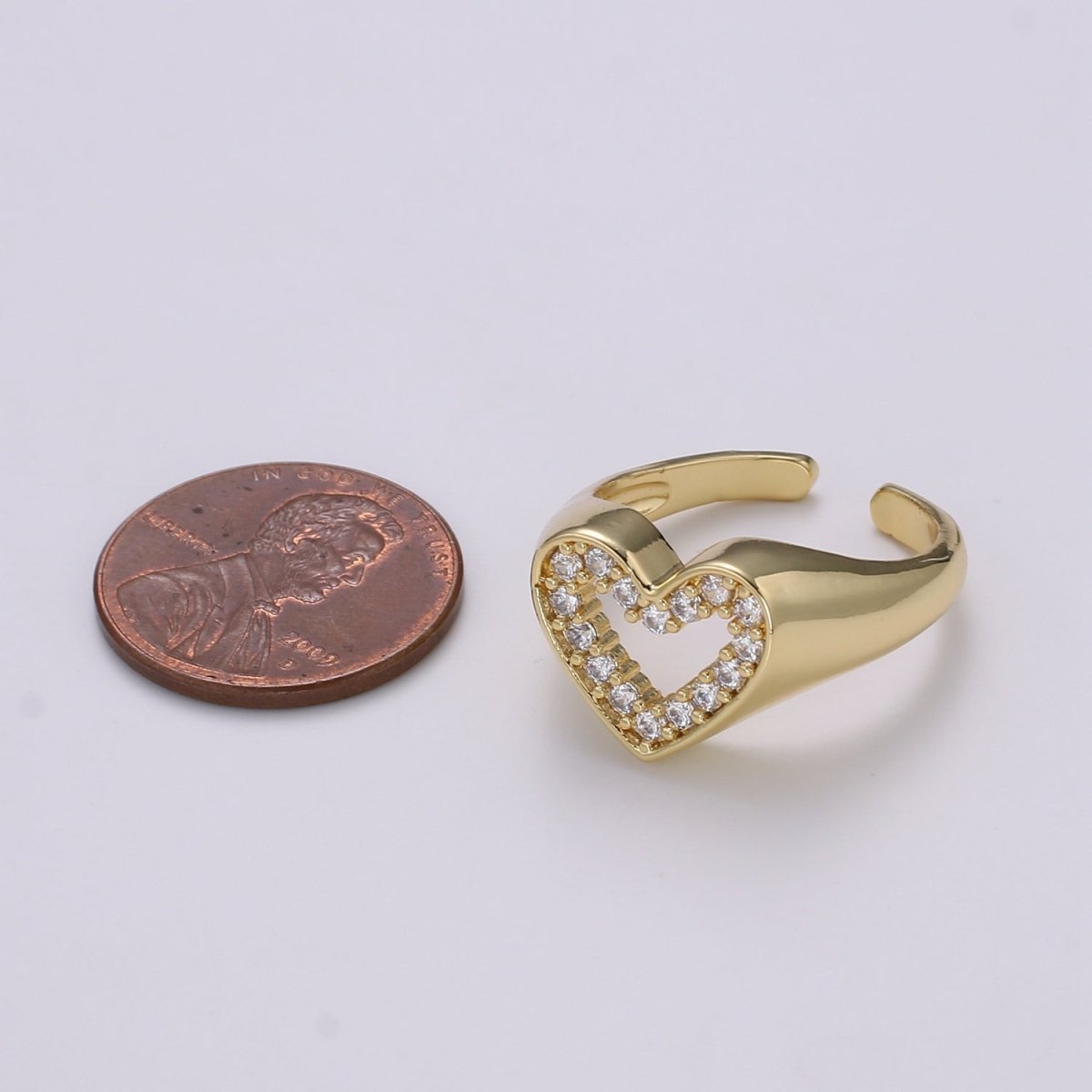 1pc Clear CZ Love 24K Gold Ring, Heart Cubic Adjustable Gold Curb Ring, Signet Ring, Clear Cubic Zirconia Ring,R-461 - DLUXCA