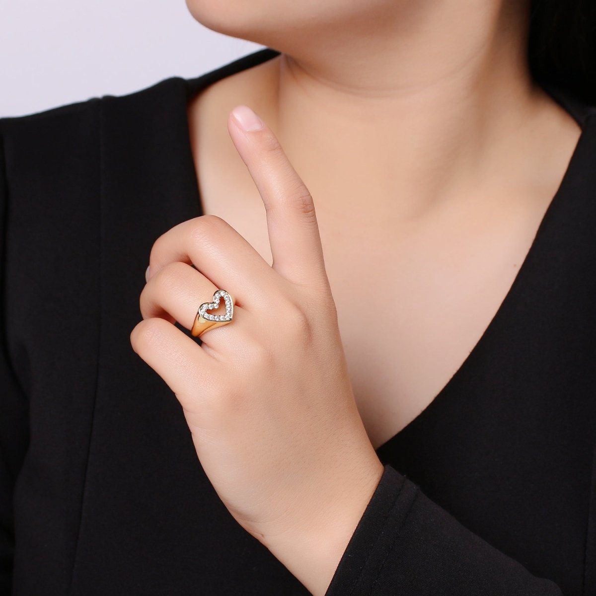 1pc Clear CZ Love 24K Gold Ring, Heart Cubic Adjustable Gold Curb Ring, Signet Ring, Clear Cubic Zirconia Ring,R-461 - DLUXCA