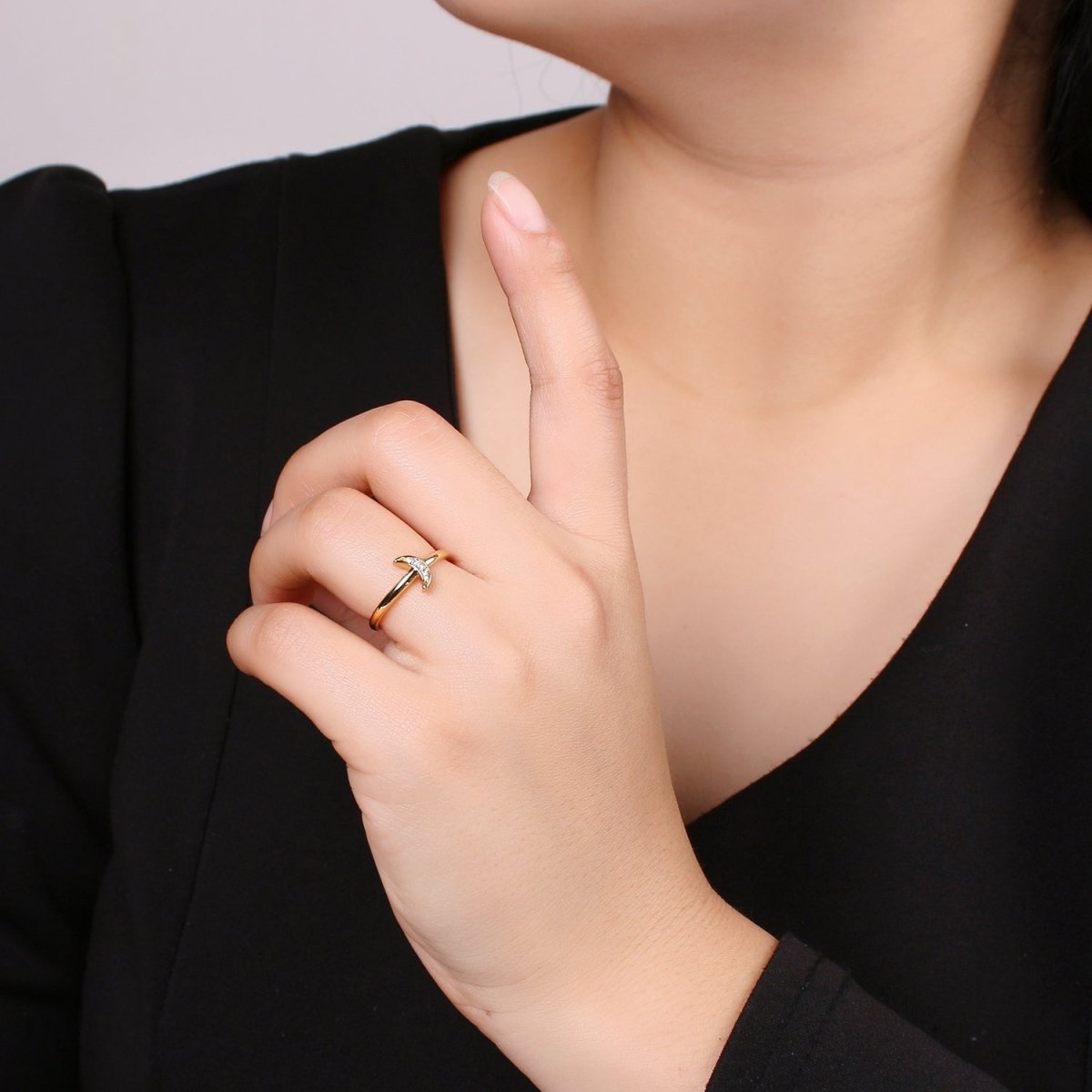 1pc Cresent Moon CZ 24k Gold Ring, Moon Cubic Pave Adjustable Gold Curb Ring, Simple Ring, Clear Cubic Zirconia R316 - DLUXCA